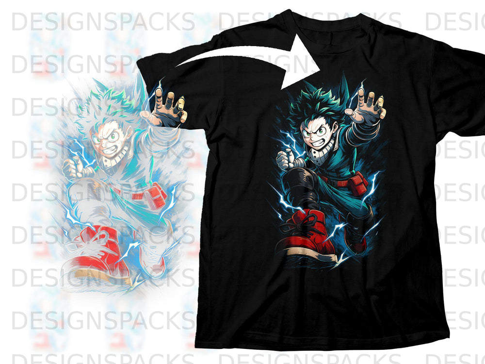 Black t-shirt with anime character print, featuring glowing green hair and lightning.