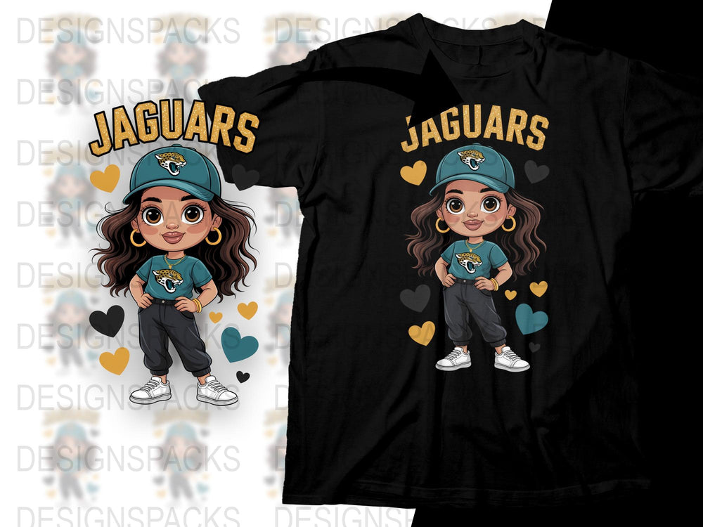 Cute Jaguars Cartoon Character T-Shirt, Trendy Sports Fan Apparel, Heart Design, Youthful Casual Wear