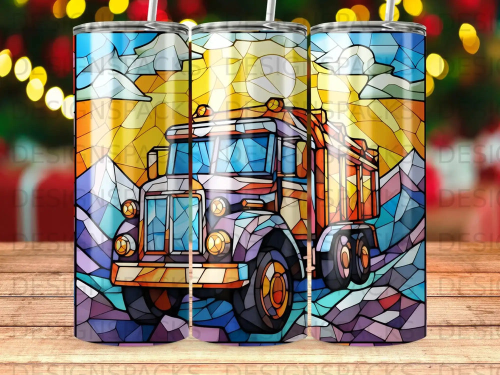 Stained glass style truck with mountain and sun background.