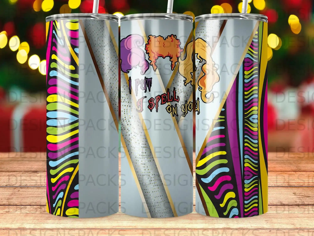 Three tumblers with a colorful, wavy stripe design and "I spell you on" text.