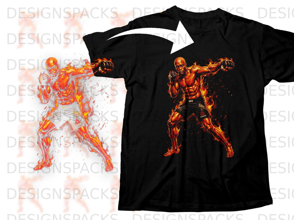 Black t-shirt with Anderson Silva in fighting stance surrounded by flames.