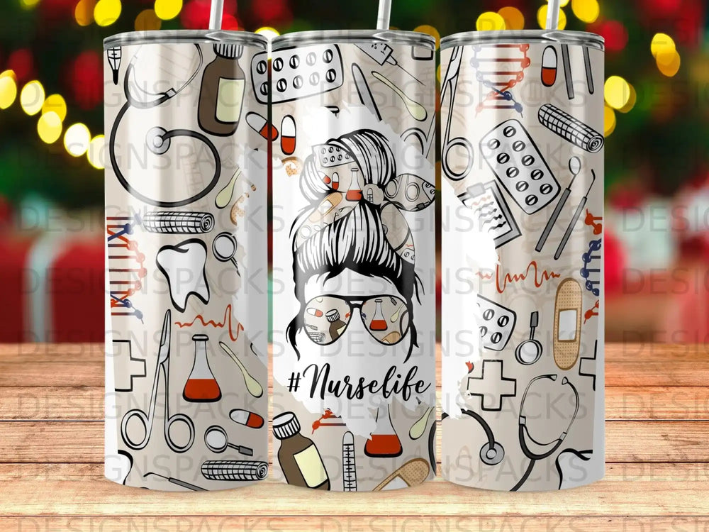 Tumbler with #nurselife design featuring medical icons and a nurse silhouette.