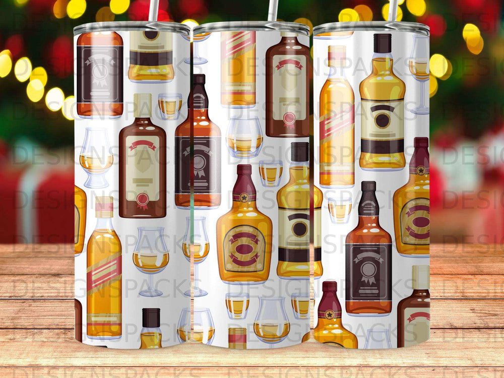 Pattern of liquor bottles and glasses on a tumbler.