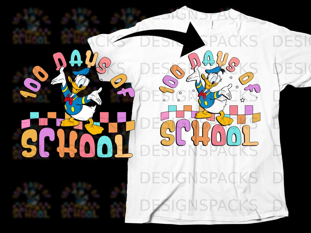 Donald Duck celebrating "100 Days of School" with colorful text and blocks.