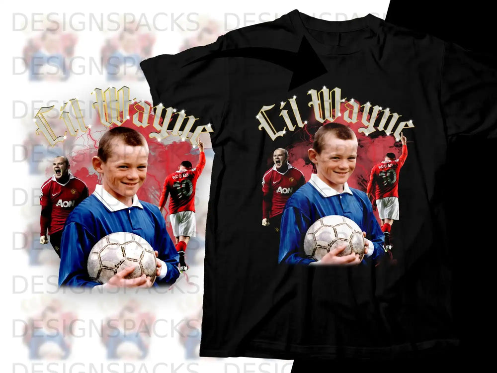 Wayne Rooney on a black t-shirt, holding a soccer ball.