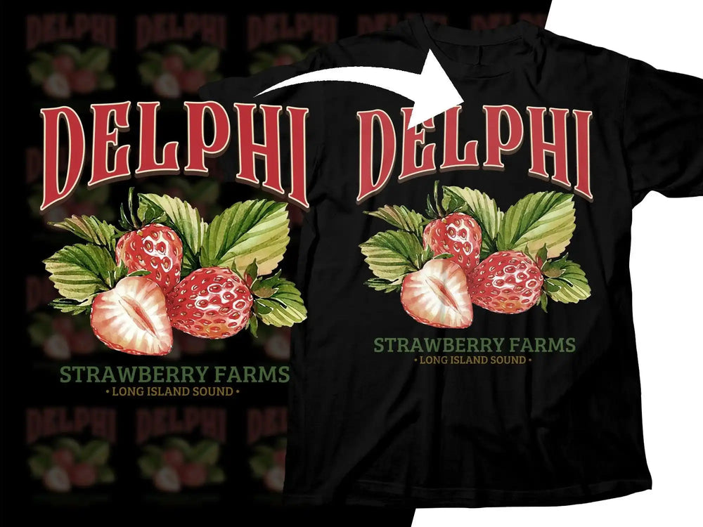 Delphi Strawberry Farms t-shirt design with vibrant strawberries and green leaves, ideal for print-on-demand.