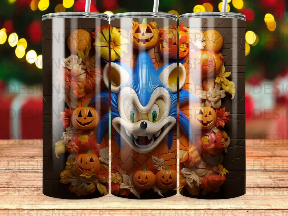 Sonic the Hedgehog peeking out of an egg with pumpkins and fall leaves.