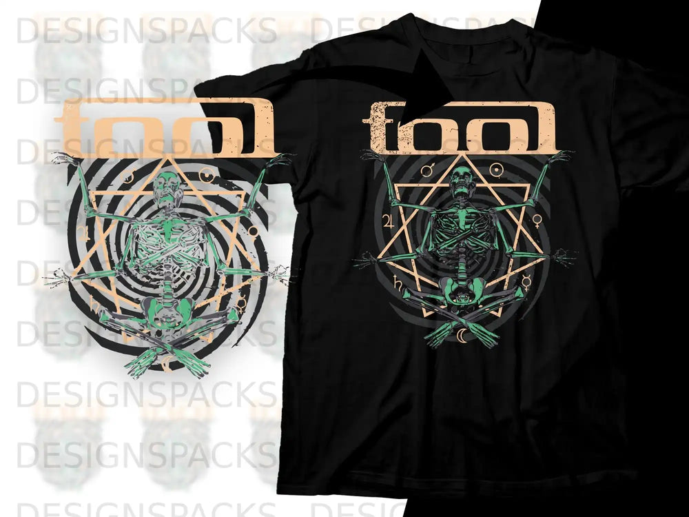 Black t-shirt with skeleton in meditation pose, surrounded by geometric symbols.
