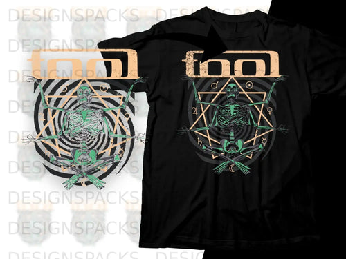 Black t-shirt with skeleton in meditation pose, surrounded by geometric symbols.