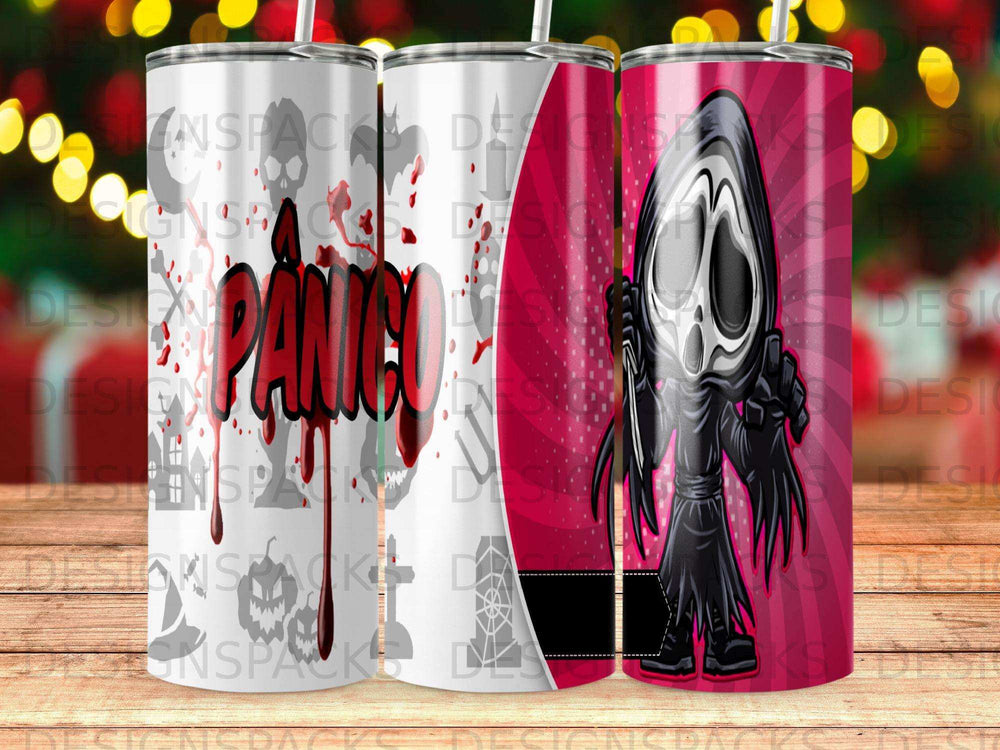 Ghostface mask and bloody "Panic" text on a Halloween-themed tumbler.