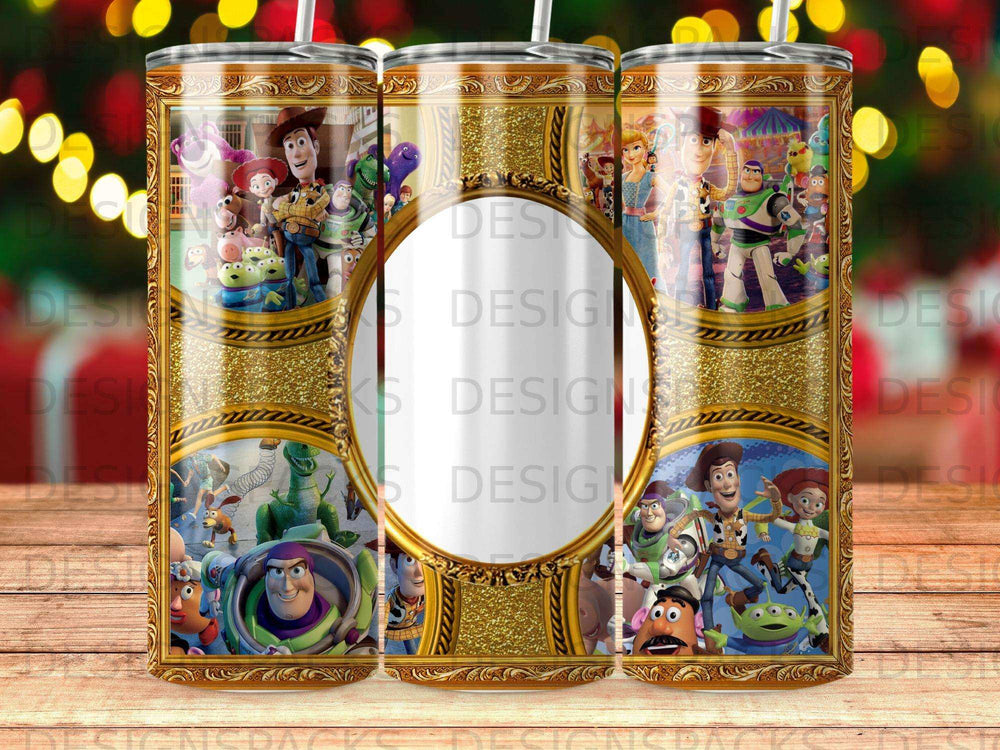 Toy Story characters in gold frames on a tumbler design.