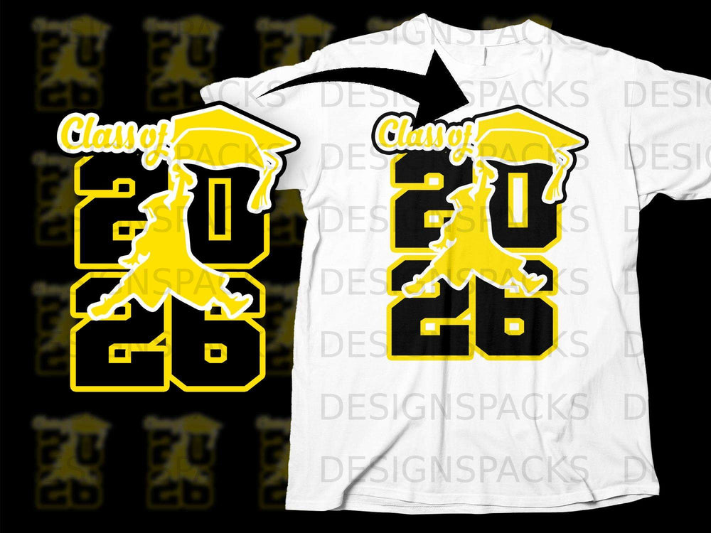 "Class of 2026" graduation design with a cap and silhouette on a white t-shirt.