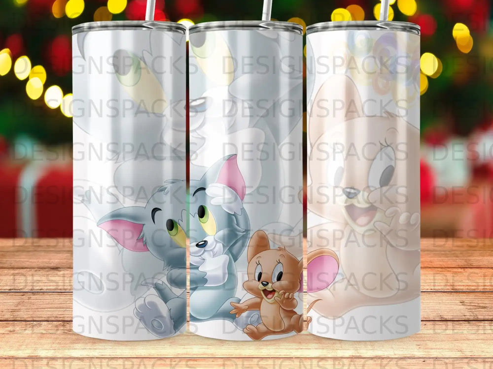 Tom and Jerry cartoon characters on a sublimation tumbler mockup.