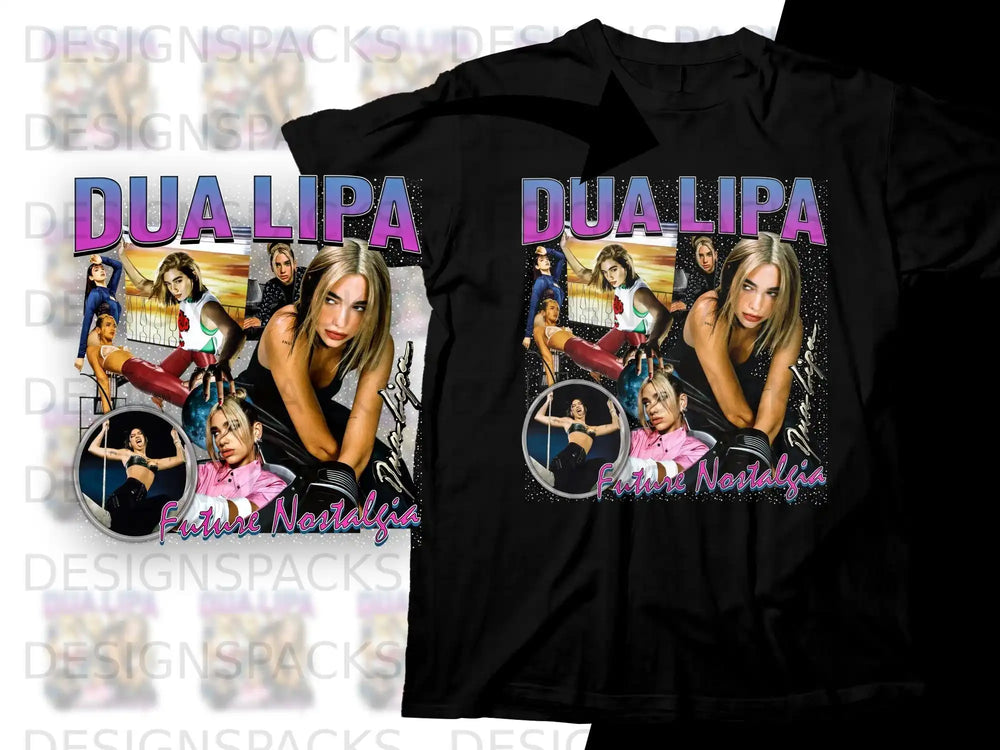 Dua Lipa "Future Nostalgia" album art on a black t-shirt.
