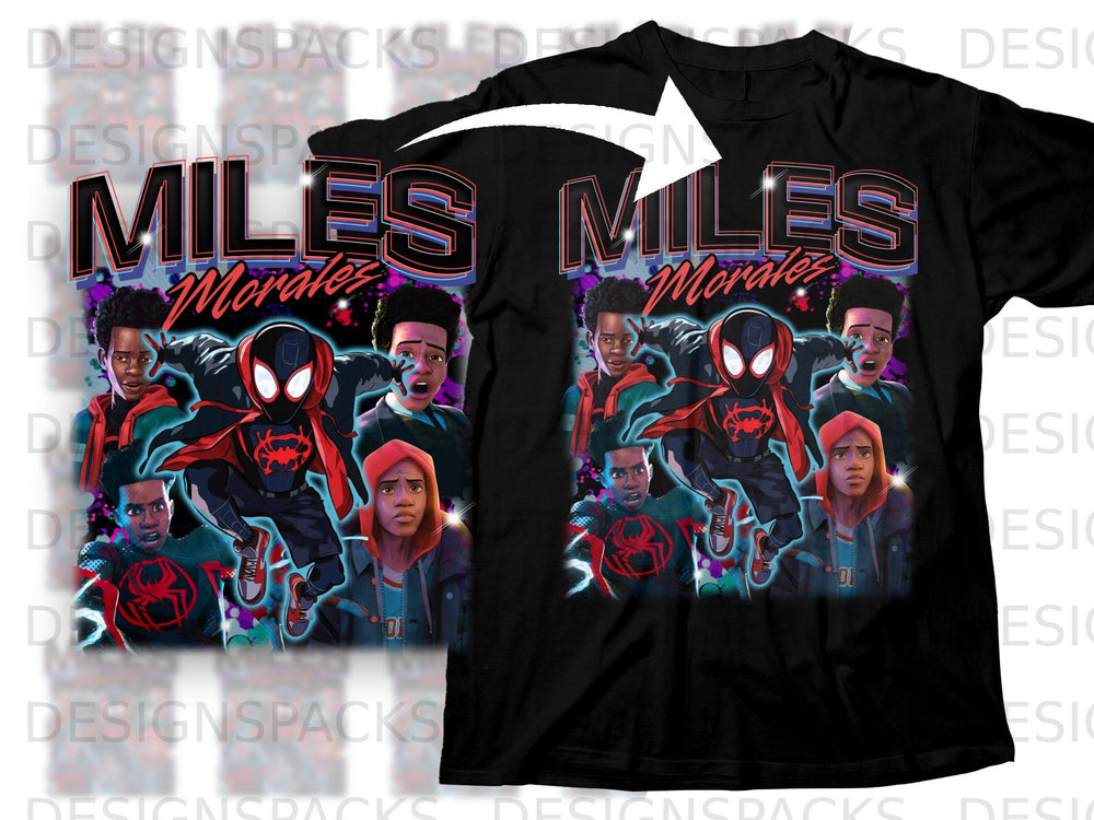 Miles Morales artwork with multiple character depictions and comic-style text.