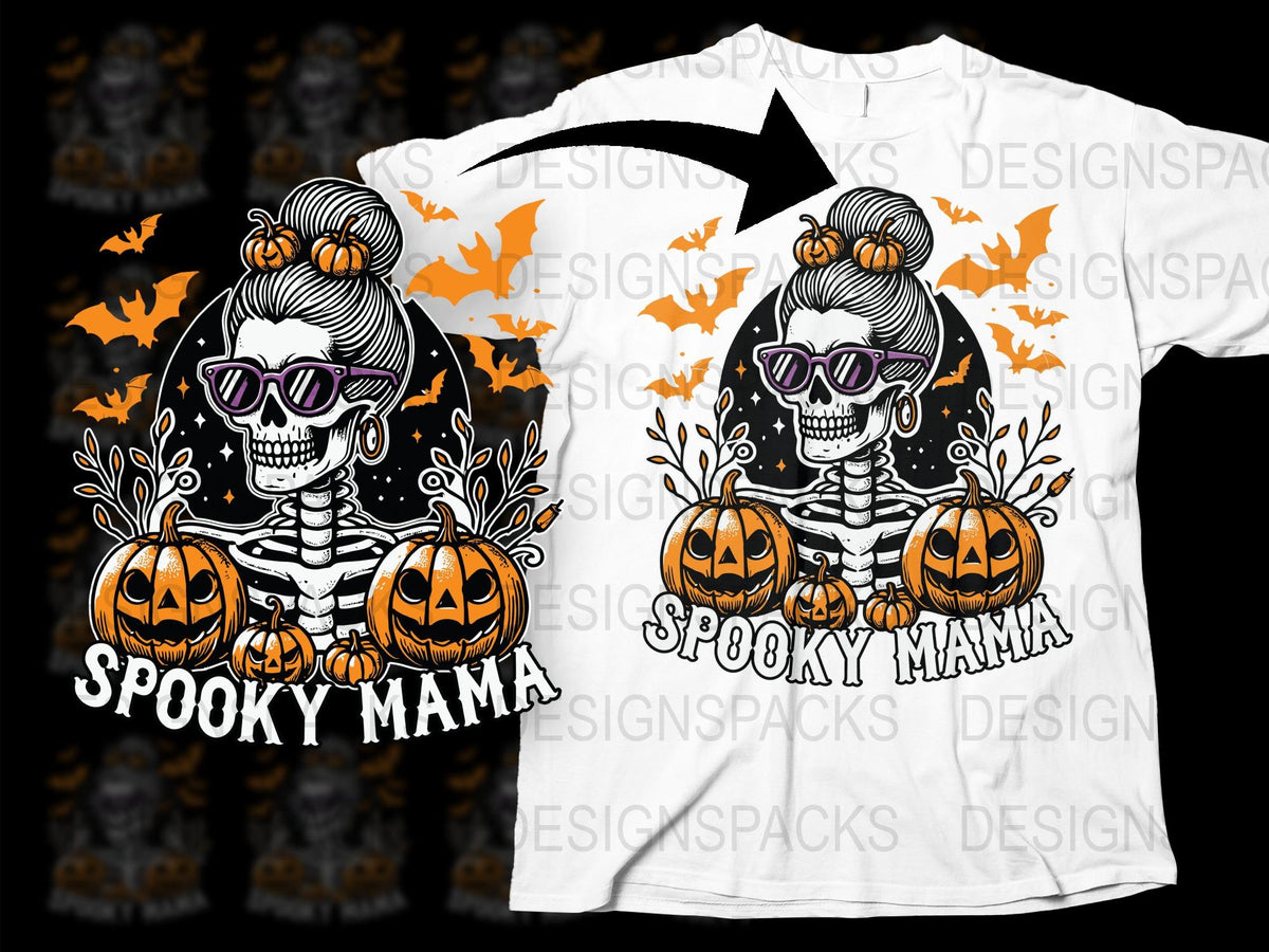 Spooky Mama Halloween T-Shirt, Skeleton Graphic Tee, Pumpkin Fall Fashion, Women's Autumn Shirt, Unique Holiday Apparel