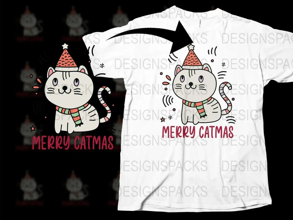 Merry Catmas T-Shirt, Cute Holiday Cat in Santa Hat, Festive Christmas Gift, Winter Apparel for Cat Lovers, Unisex Tee Design