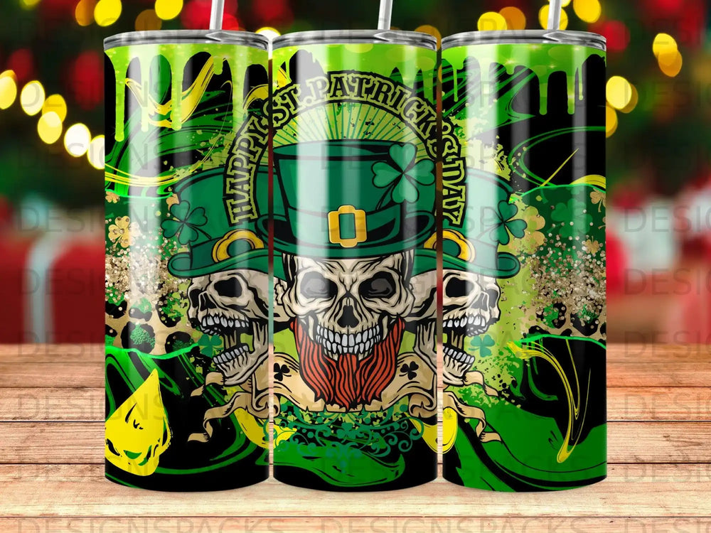 St. Patrick's Day tumbler with skulls, shamrocks, and glitter.