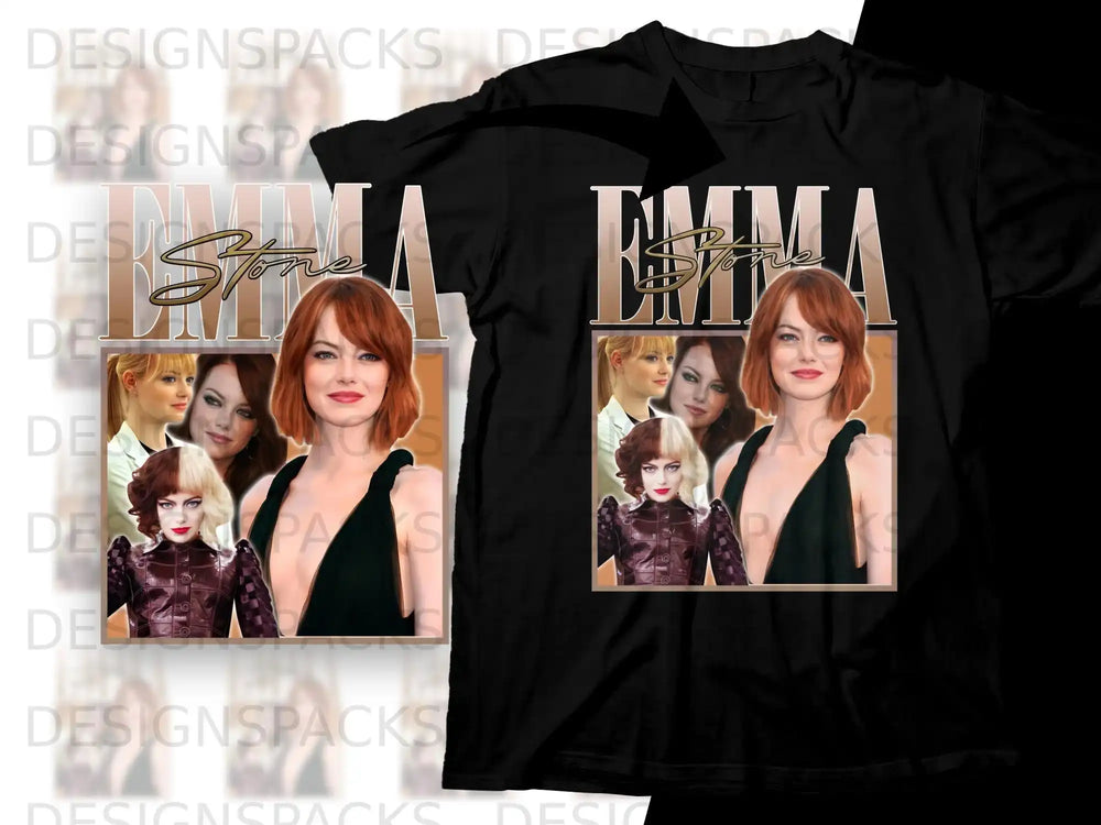 Emma Stone movie poster collage on a black t-shirt.