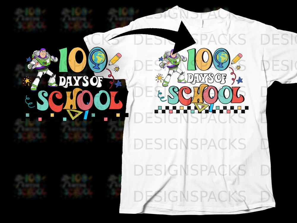 Buzz Lightyear graphic with "100 Days of School" text on a white t-shirt.