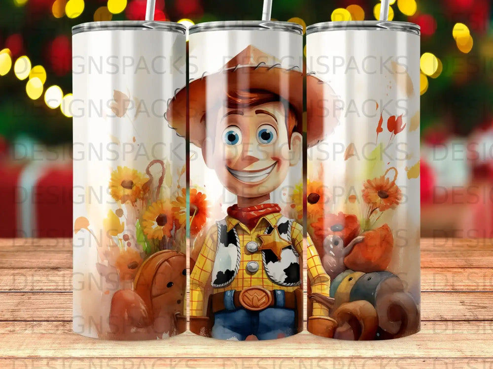 Woody from Toy Story with sunflowers and toy animals, wrapping around a tumbler.