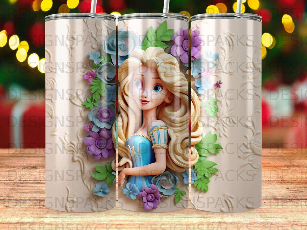 Princess with blonde hair and blue dress surrounded by flowers.