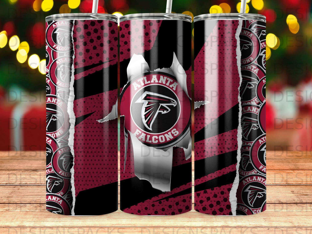Atlanta Falcons logo on a black and red distressed tumbler.