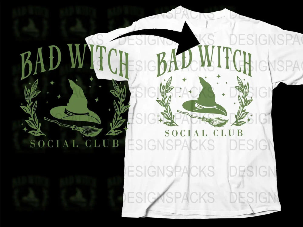 Bad Witch Social Club T-Shirt, Spooky Witch Hat Graphic Tee, Halloween Witchcraft Shirt, Women's Fashion Top
