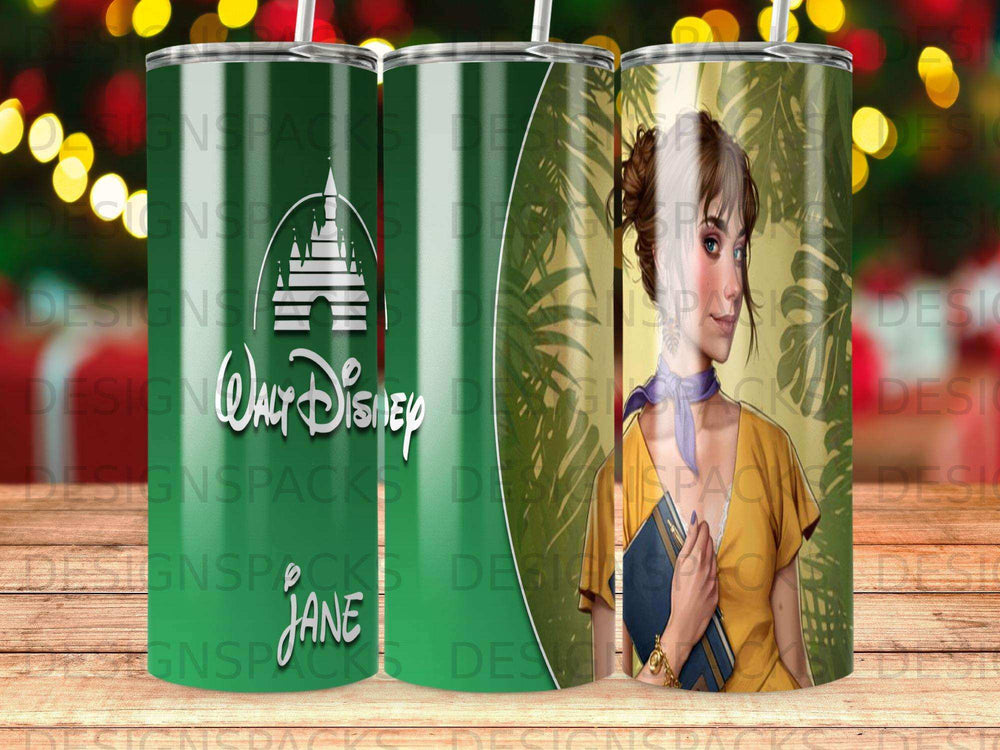Jane and Walt Disney World logos on a cylindrical tumbler.