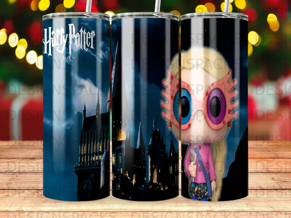 Harry Potter castle and character tumbler with pink glasses and star details.