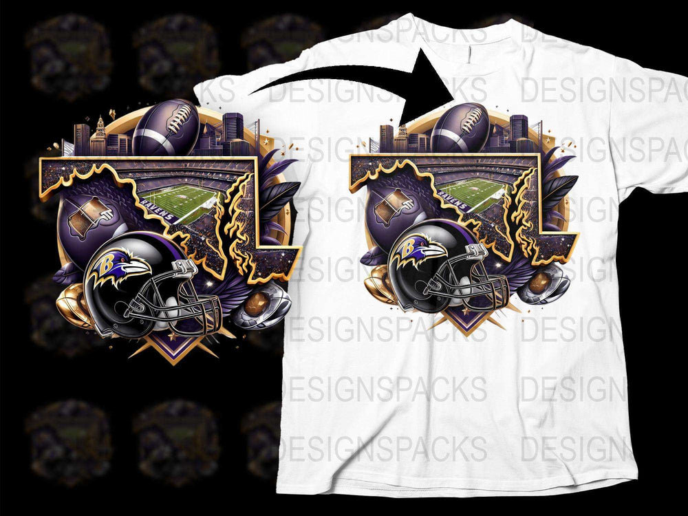 Baltimore Football Team Graphic T-Shirt, Stadium Helmet Design, Purple and Black Sports Fan Apparel