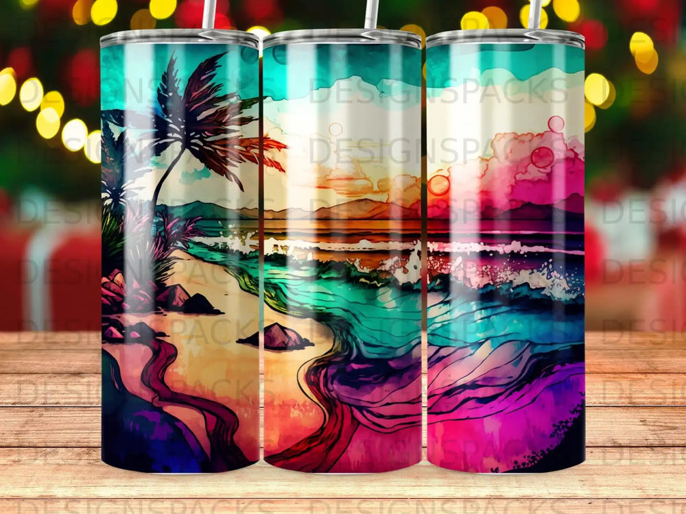 Tropical beach sunset scene with palm trees and colorful abstract waves.