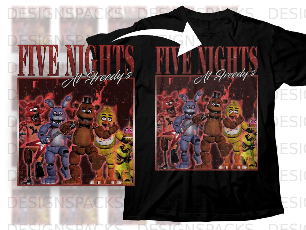 Black t-shirt with a graphic of Five Nights at Freddy's characters.
