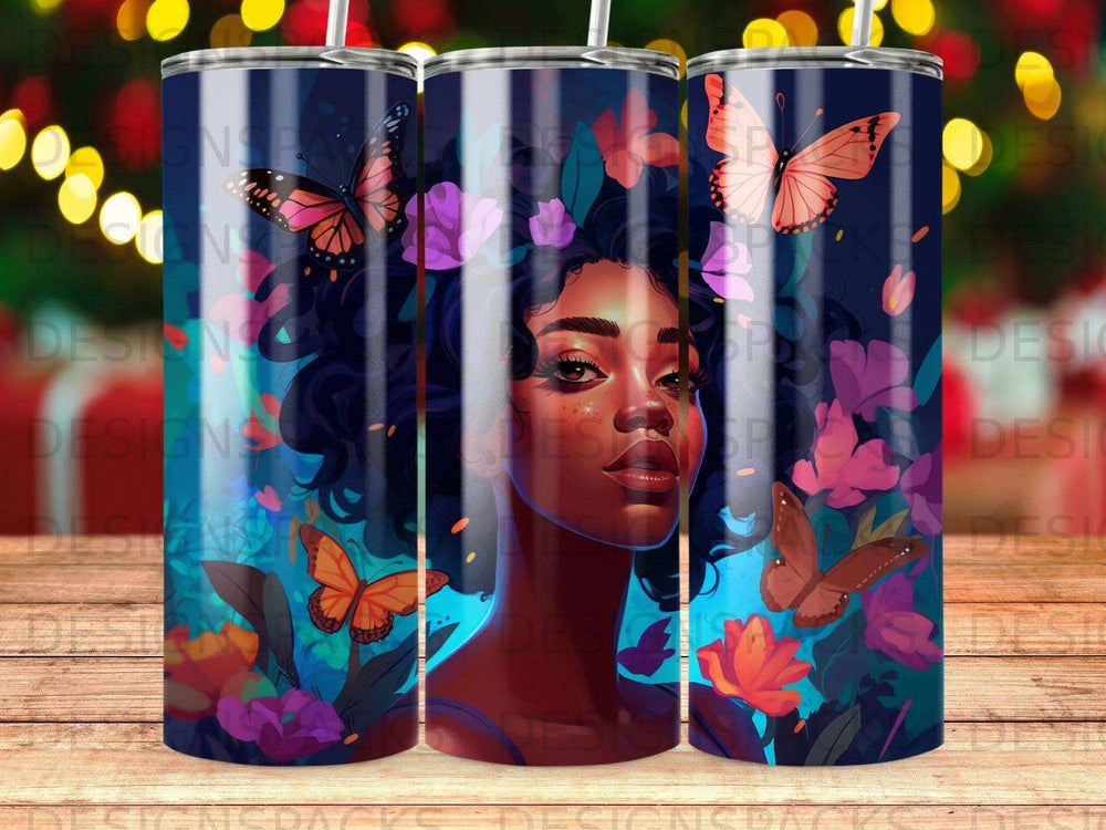 Woman with colorful butterflies and flowers, dark blue background.