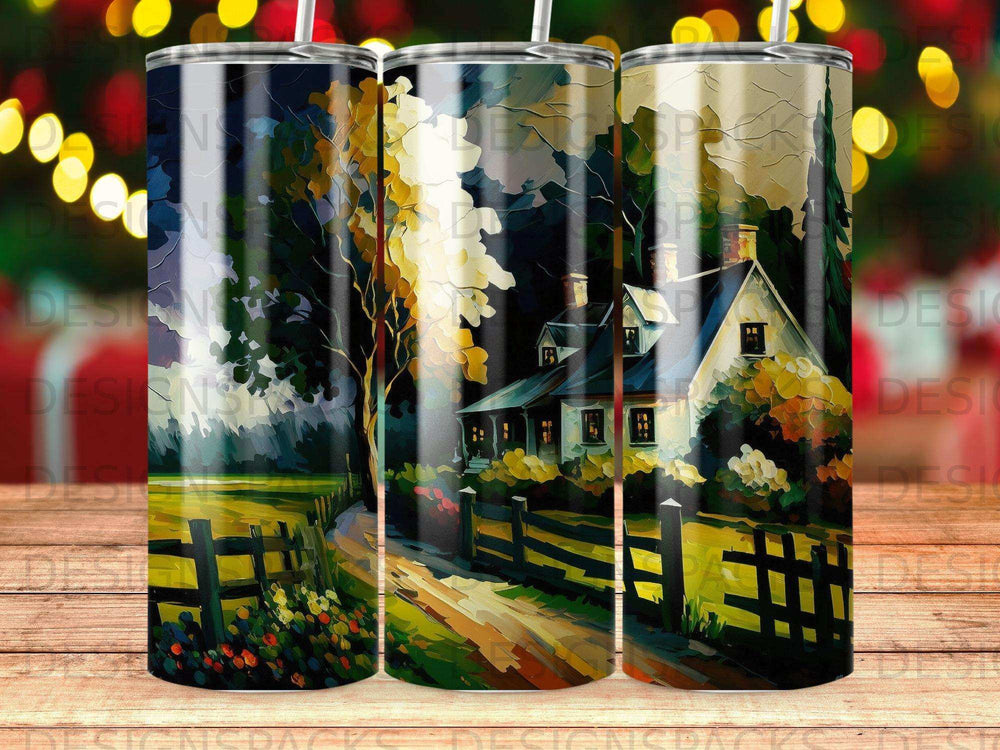 Sublimation tumbler with a rural house and fence scene in muted colors.