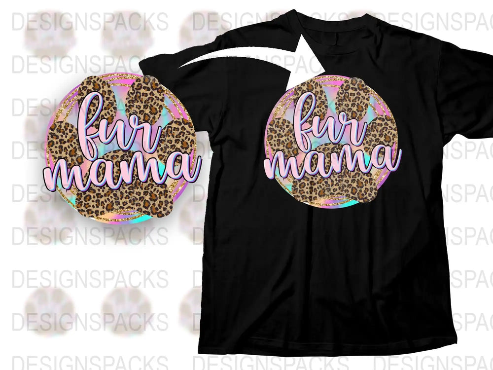 Fur Mama Leopard Print T-Shirt, Trendy Animal Print Mom Tee, Stylish Graphic Women's Black Shirt