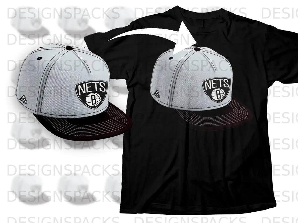 Brooklyn Nets Black and White Graphic Hat T-Shirt