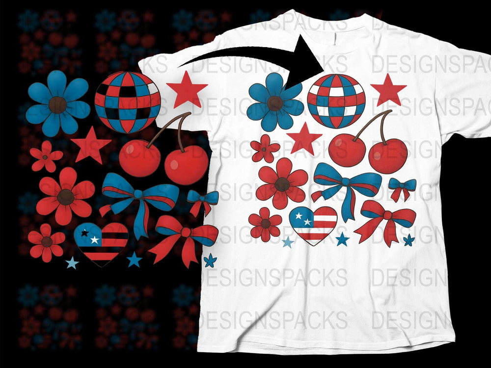 Patriotic T-Shirt with Floral and Cherry Designs, American Flag Colors, Summer Fashion