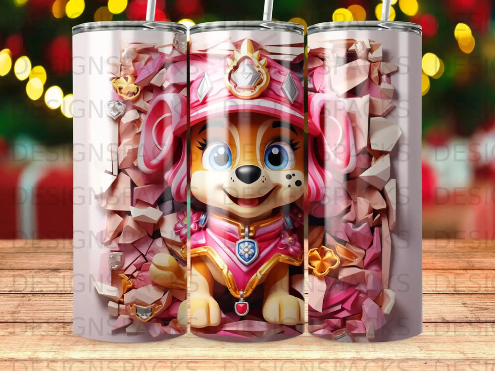 Pink Paw Patrol puppy character with helmet and pink armor, breaking through pink wall.