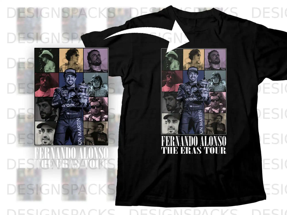 Fernando Alonso The Eras Tour t-shirt with grid of portraits.