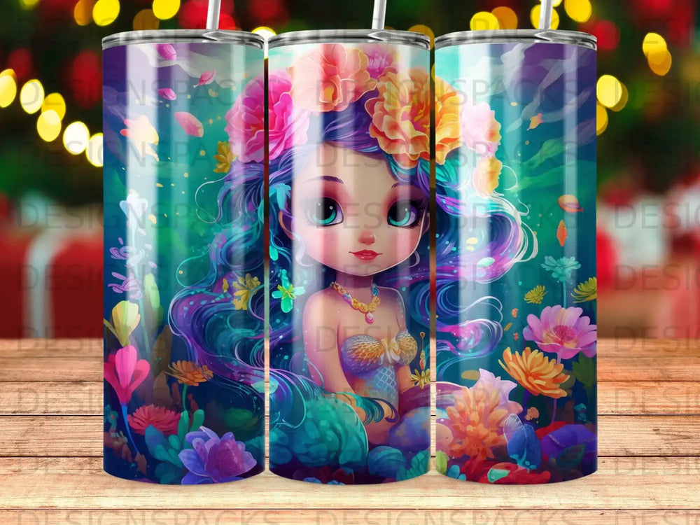 Whimsical mermaid with colorful floral headdress and seaweed background.
