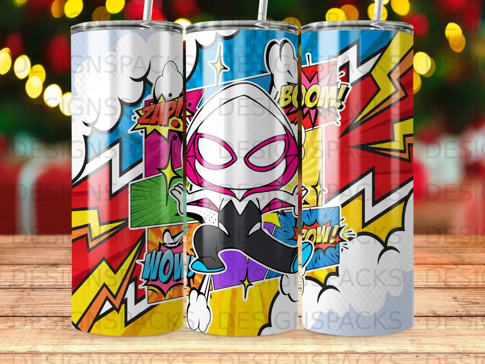 Ghost-Spider character in comic book style with "Zap!" and "Boom!" sound effects.