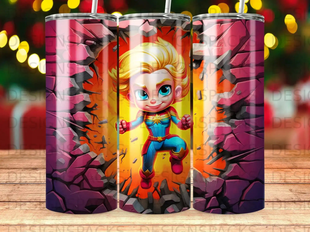 Chibi Captain Marvel bursts through a cracked, rocky background.