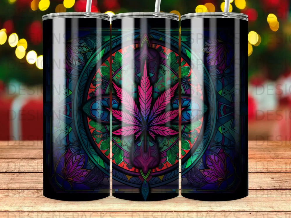 Tumbler with a stained glass cannabis leaf design.