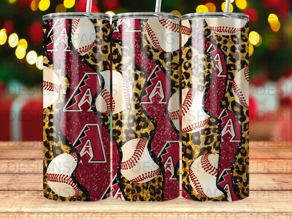 Tumbler with Arizona Diamondbacks logo, baseballs, and leopard print.