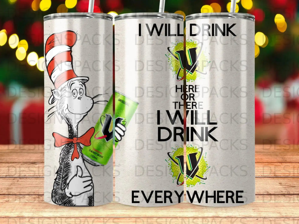 The Cat in the Hat drinks an energy drink from a tumbler.