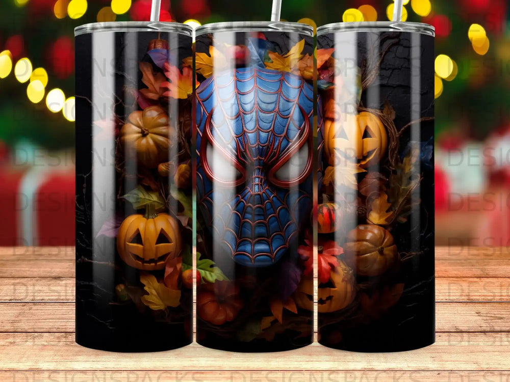 Spider-Man mask with pumpkins and fall leaves, on a black background.