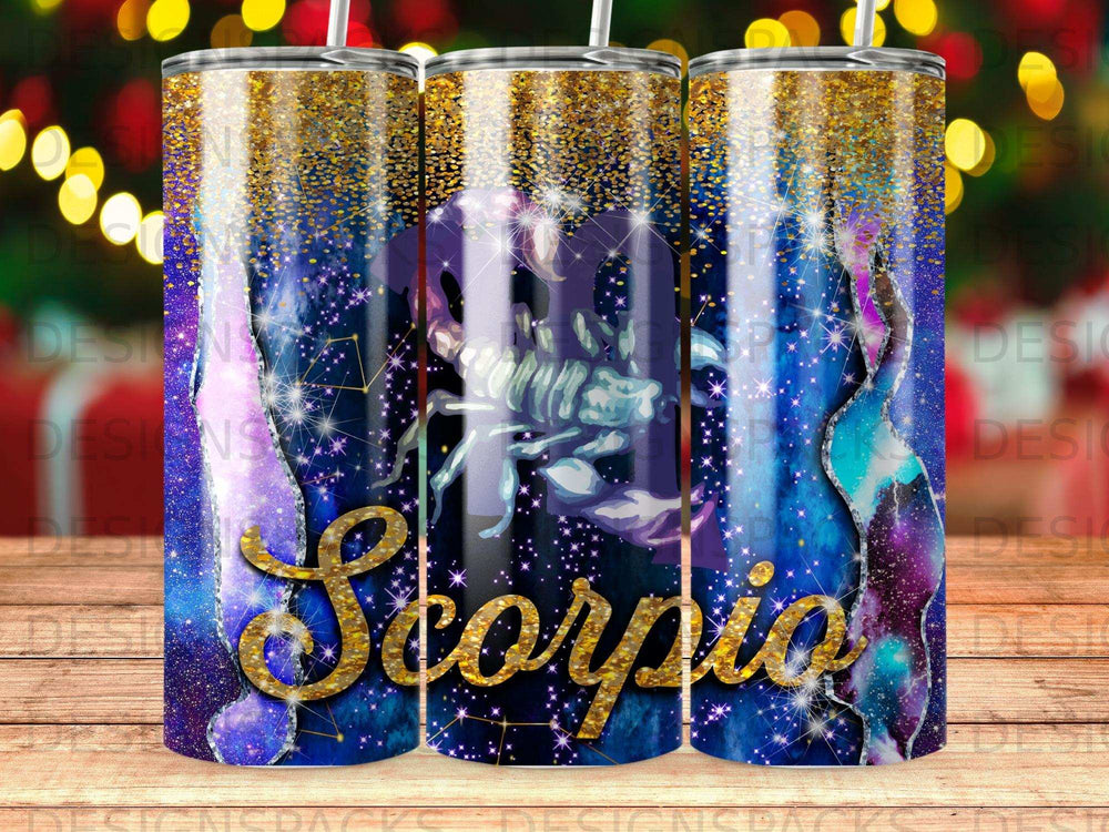 Zodiac Scorpio tumbler with glittering stars and cosmic background.