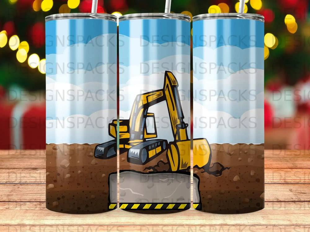Yellow excavator and brown dirt on a tumbler with a blue, white, and green sky pattern.
