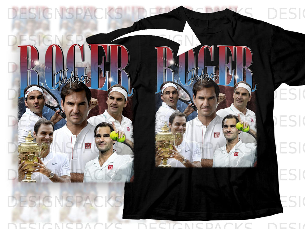 Roger Federer with tennis trophy and tennis balls on black t-shirt graphic.
